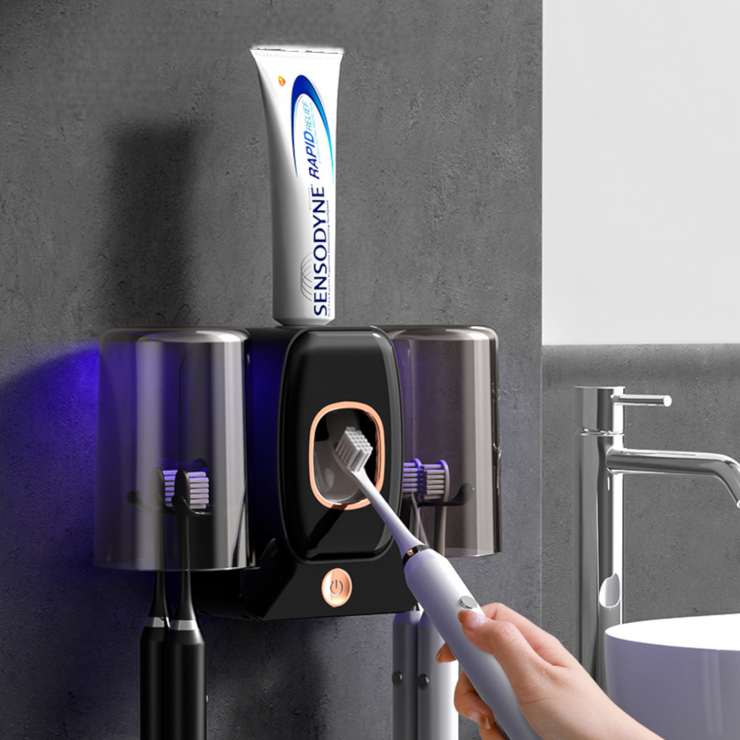 Giá treo bàn chải đánh răng & Bộ nặn kem đánh răng, có đèn cực tím RA932