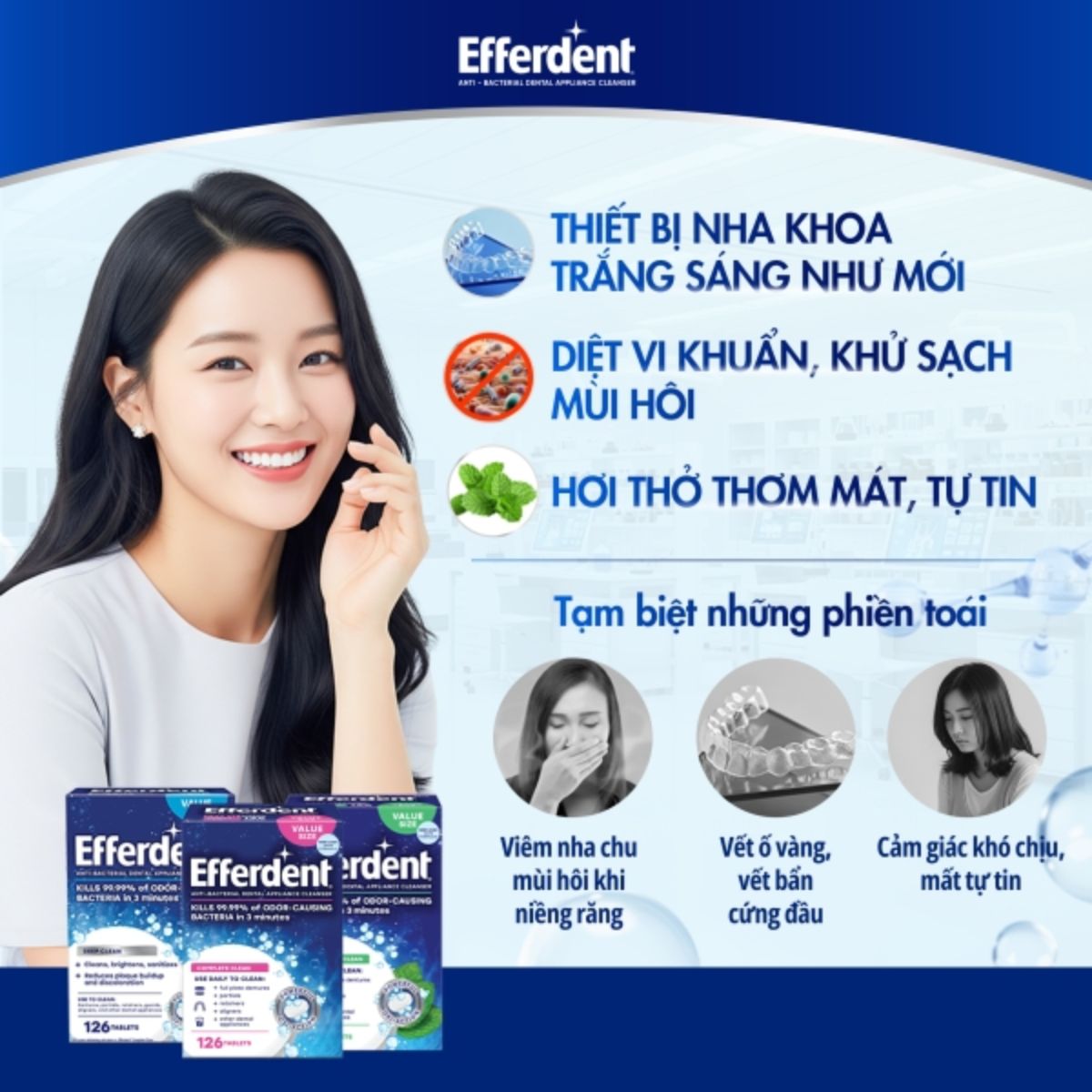Viên sủi Efferdent MINTY FRESH & CLEAN vệ sinh khay niềng răng trong suốt, hàm duy trì & hàm giả - Hàng Mỹ chính hãng - Hương bạc hà