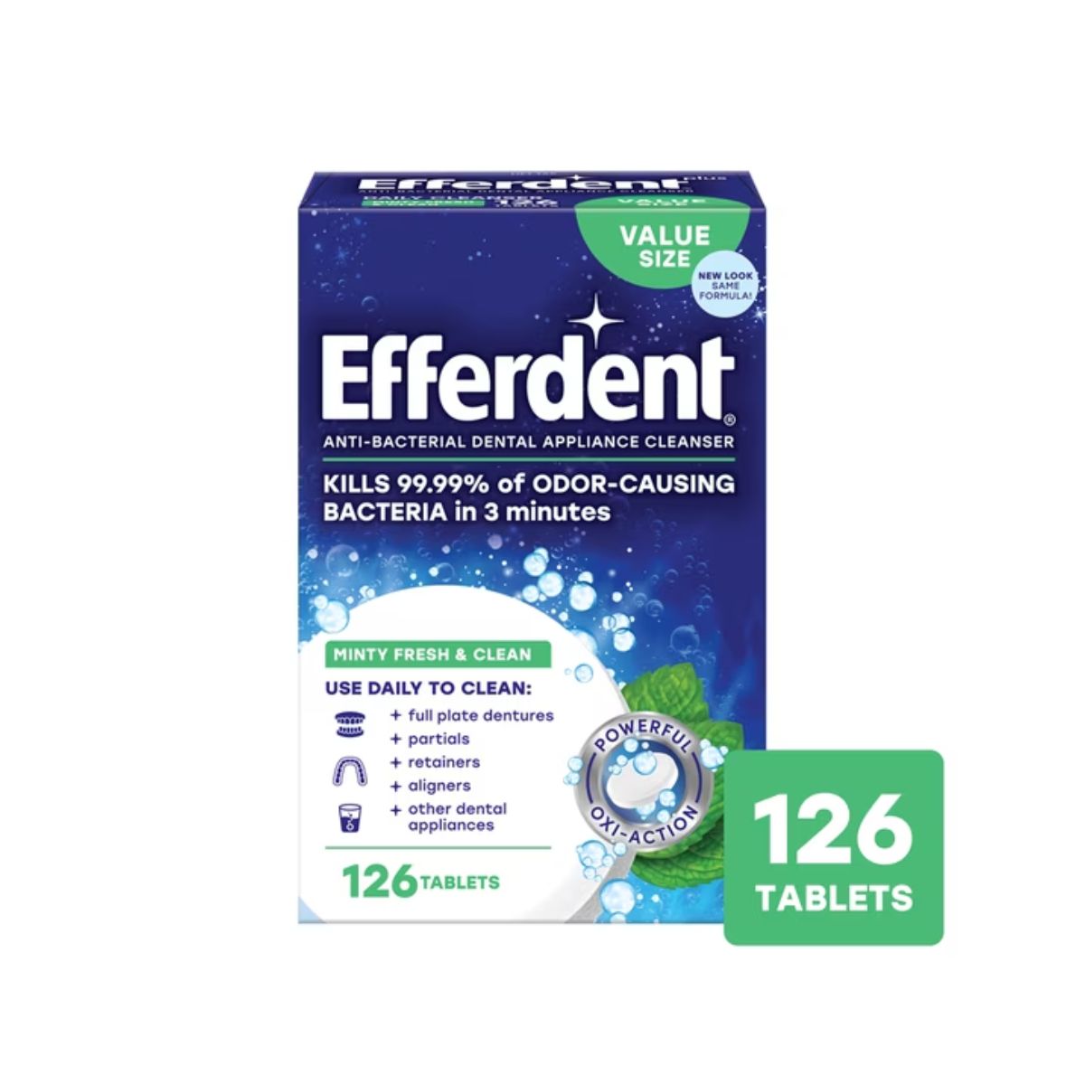 Viên sủi Efferdent MINTY FRESH & CLEAN vệ sinh khay niềng răng trong suốt, hàm duy trì & hàm giả - Hàng Mỹ chính hãng - Hương bạc hà