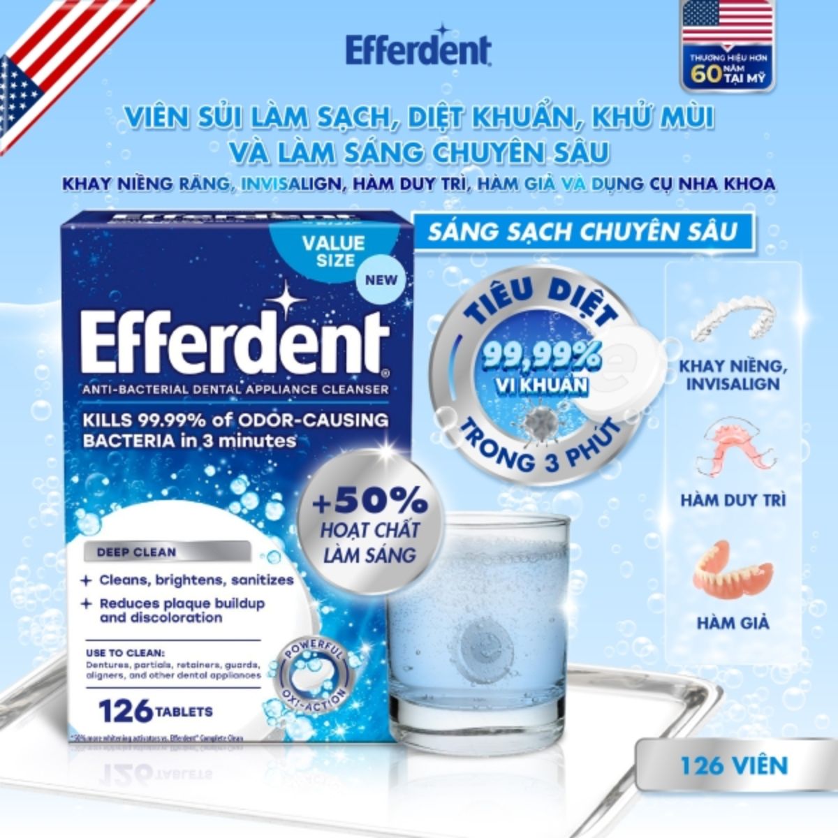 Viên sủi Efferdent DEEP CLEAN vệ sinh khay niềng răng trong suốt, hàm duy trì & hàm giả - Hàng Mỹ chính hãng
