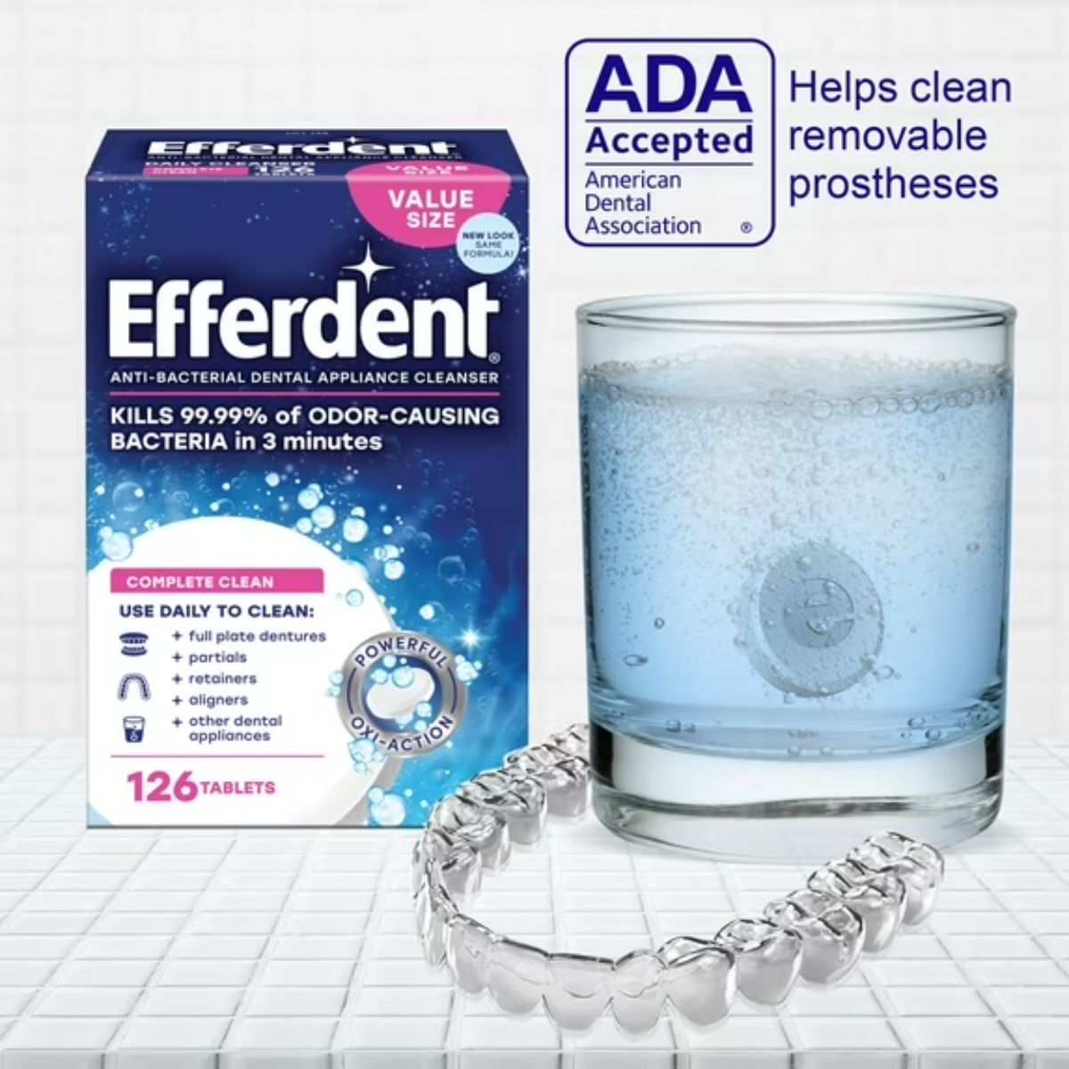 Viên sủi Efferdent COMPLETE CLEAN vệ sinh khay niềng răng trong suốt, hàm duy trì & hàm giả - Hàng Mỹ chính hãng