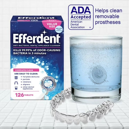 Viên sủi Efferdent COMPLETE CLEAN vệ sinh khay niềng răng trong suốt, hàm duy trì & hàm giả - Hàng Mỹ chính hãng