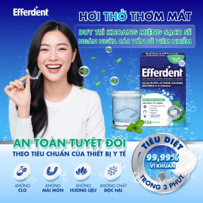 Viên sủi Efferdent MINTY FRESH & CLEAN vệ sinh khay niềng răng trong suốt, hàm duy trì & hàm giả - Hàng Mỹ chính hãng - Hương bạc hà