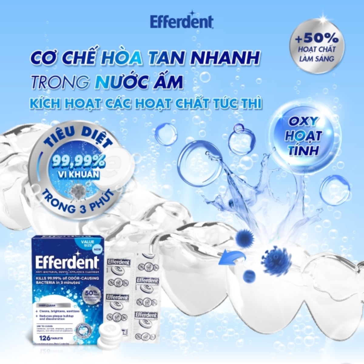 Viên sủi Efferdent DEEP CLEAN vệ sinh khay niềng răng trong suốt, hàm duy trì & hàm giả - Hàng Mỹ chính hãng
