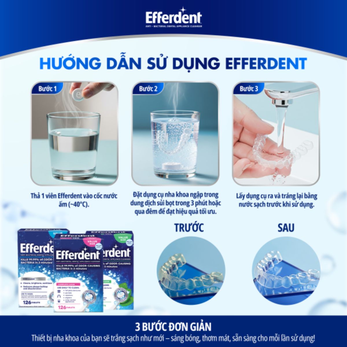 Viên sủi Efferdent MINTY FRESH & CLEAN vệ sinh khay niềng răng trong suốt, hàm duy trì & hàm giả - Hàng Mỹ chính hãng - Hương bạc hà