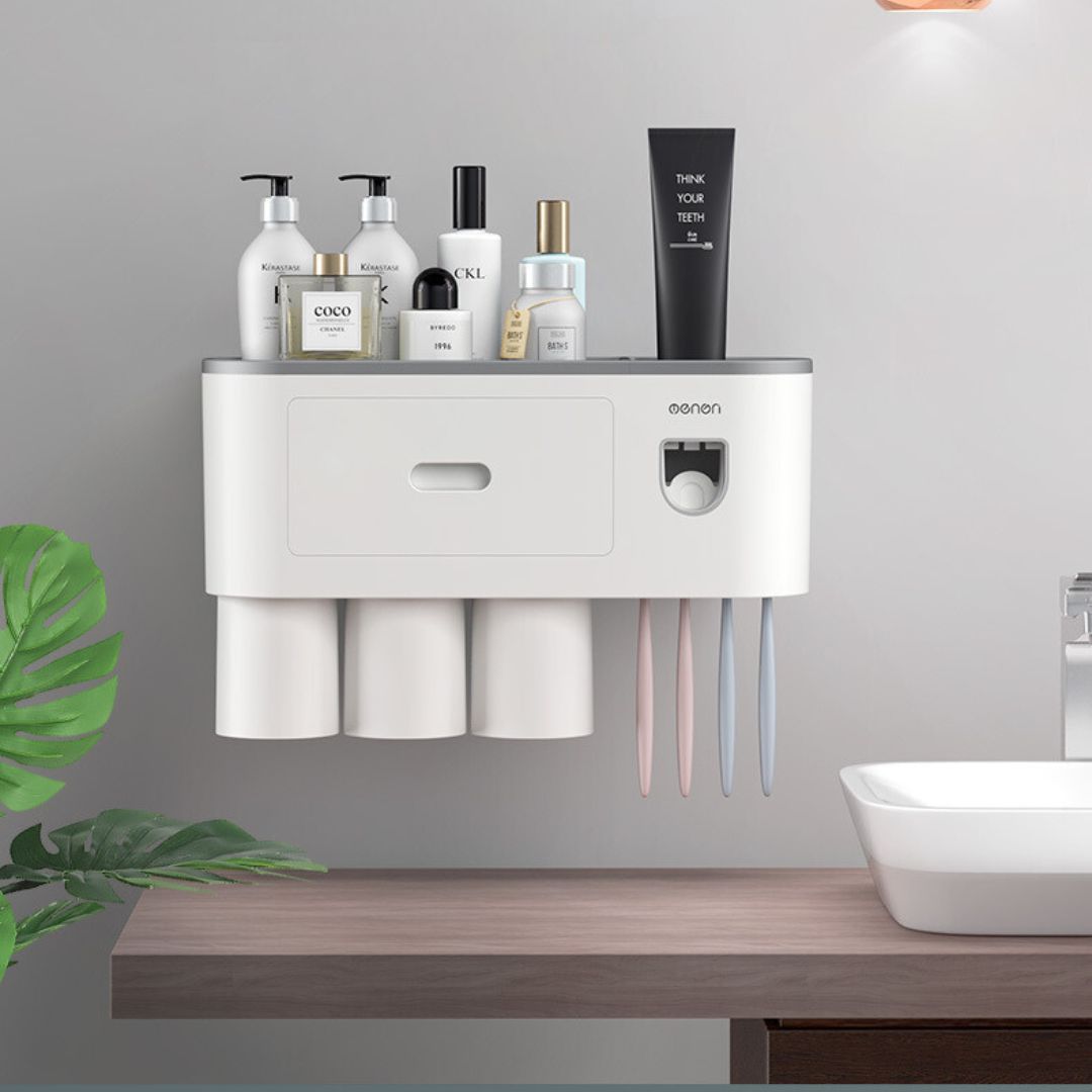 Giá treo bàn chải đánh răng đa năng loại 3 cốc + 1 bộ nặn kem đánh răng