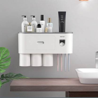 Giá treo bàn chải đánh răng đa năng loại 3 cốc + 1 bộ nặn kem đánh răng