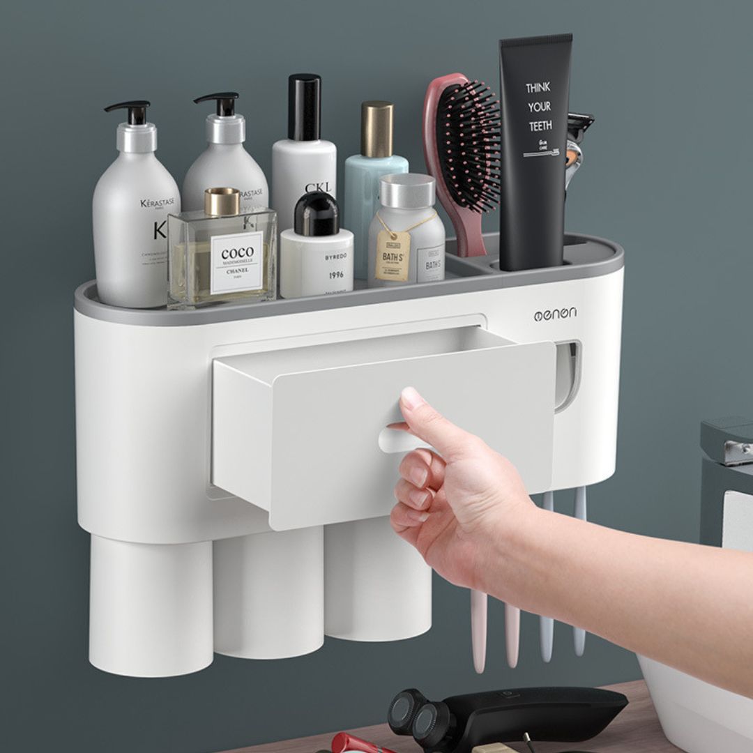 Giá treo bàn chải đánh răng đa năng loại 3 cốc + 1 bộ nặn kem đánh răng