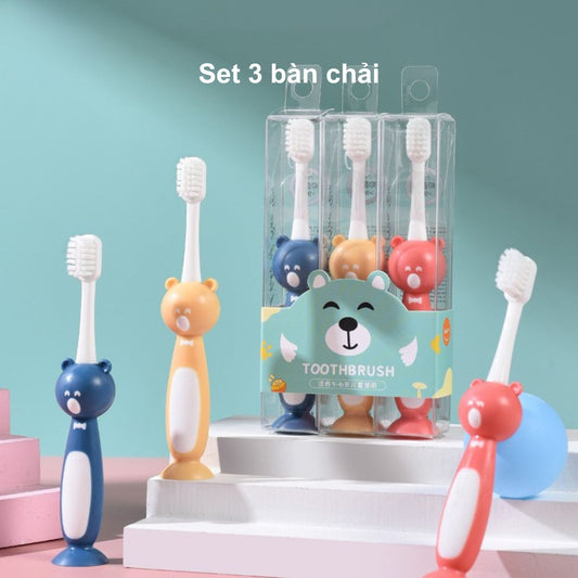 Set 3 Bàn Chải Đánh Răng Cho Bé 3 - 6 Tuổi Hình Gấu Chenke Lông Siêu Mềm