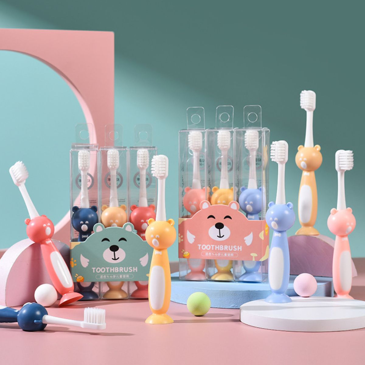 Set 3 Bàn Chải Đánh Răng Cho Bé 3 - 6 Tuổi Hình Gấu Chenke Lông Siêu Mềm